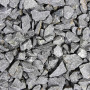 Nahaufnahme eines Haufens grauer Kiessteine unterschiedlicher Größe und Form mit rauer Textur.