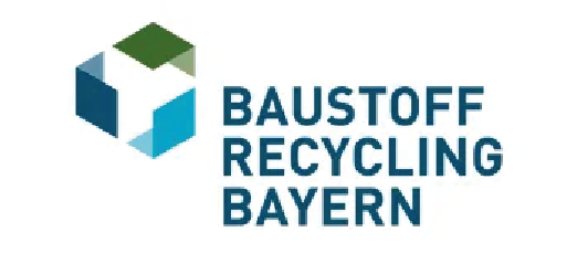 Logo von Baustoff Recycling Bayern mit geometrischen Formen und fettem blauen Text auf weißem Hintergrund.